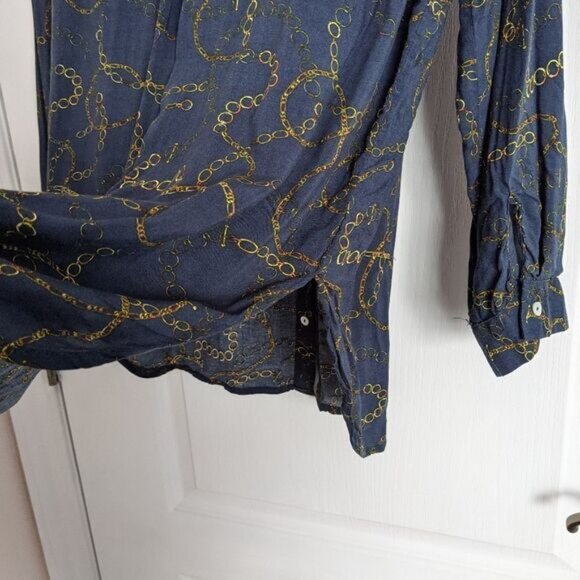 GRAND & GREENE chain print Navy blouse button down shirt adjustable sleeves L @P - Picture 12 of 14